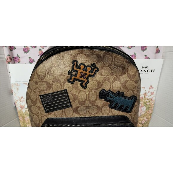 Coach Brown Keith Haring Signature Canvas Backpack with Black Trim and Patces